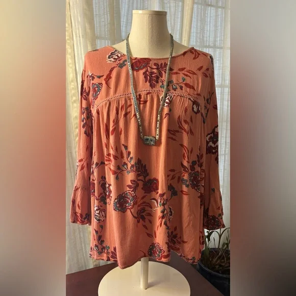 Eyeshadow Coral Floral Long Sleeve Peasant Top - Picture 1 of 11